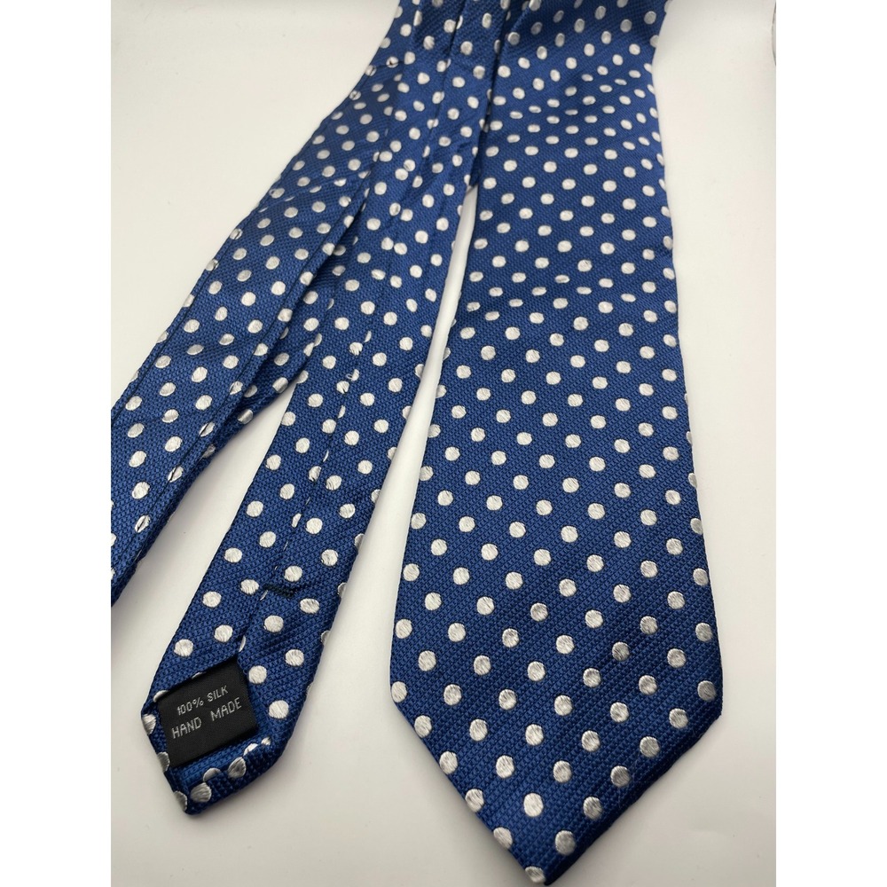 Beau Brummel Soho Mens Blue Silver Polka Dot 100% Silk Hand Made Necktie